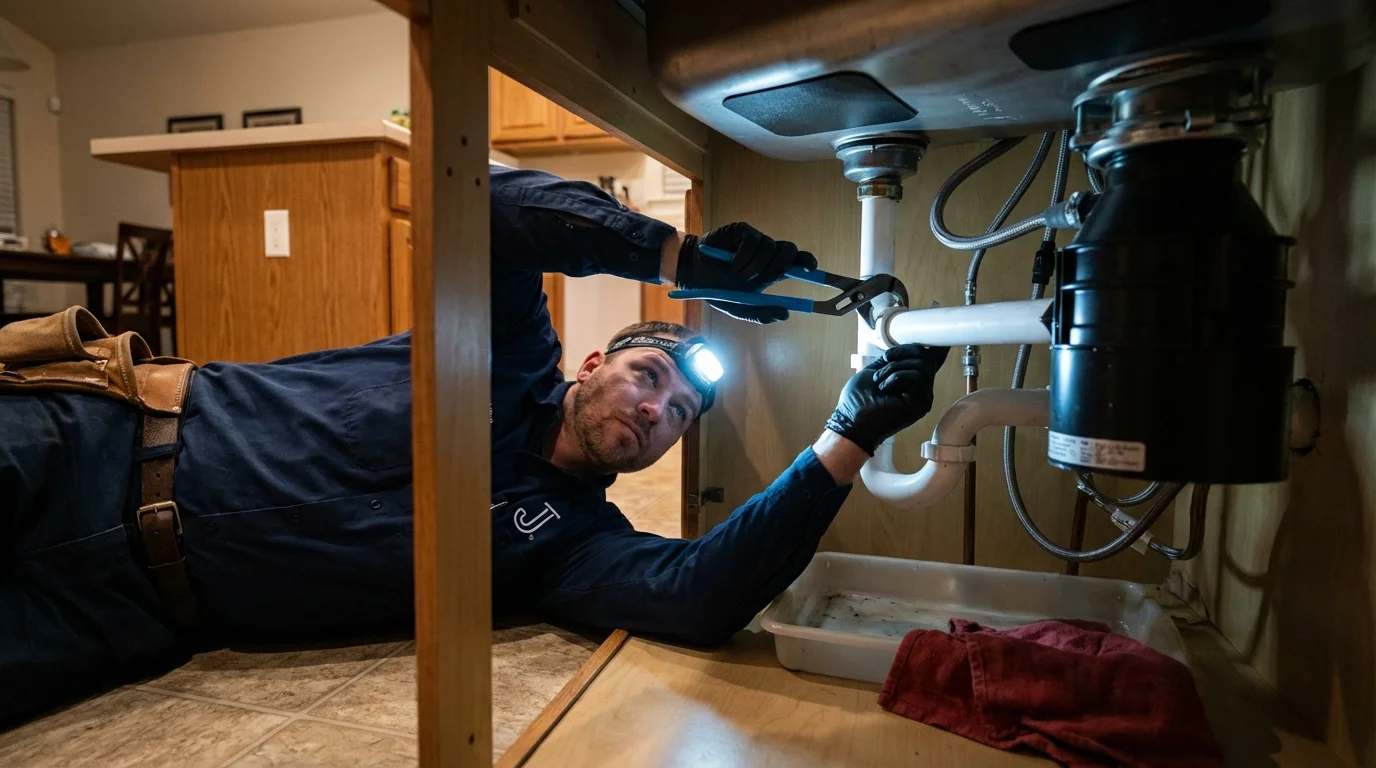 P-trap and supply line connections under a kitchen sink showing a common leak point in Vanceburg, KY